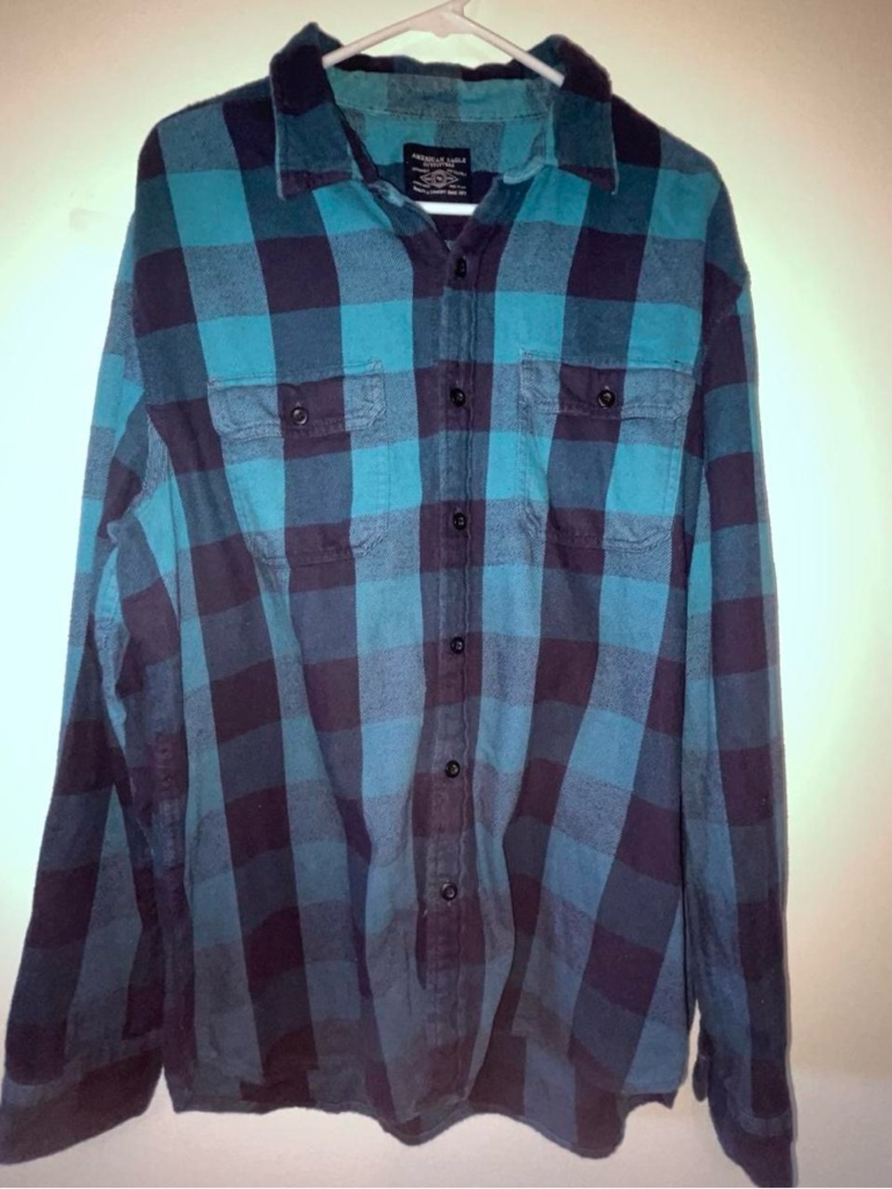 American Eagle Outfitters Teal and Black Plaid Button-Down Shirt